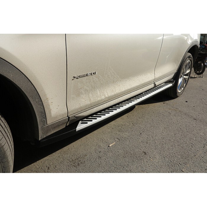 Пороги алюминиевые ОЕМ с рисунком ёлка для BMW X3 2010-2017 артикул oem-1007