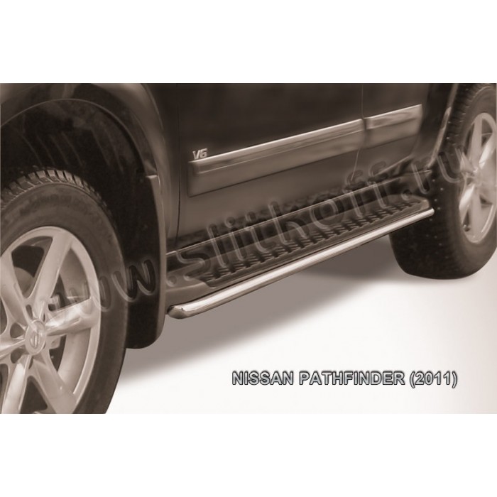 Защита штатных порогов 42 мм серебристая для Nissan Pathfinder 2010-2014 артикул NIP11006S