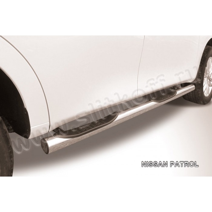 Пороги труба с накладками 76 мм серебристая для Nissan Patrol 2010-2023 артикул NIPAT010S