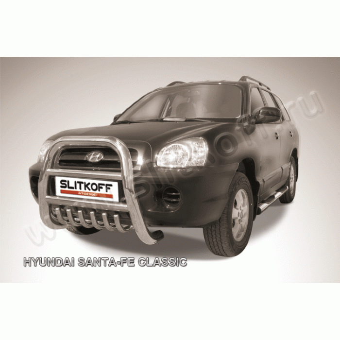 Кенгурятник высокий 76 мм с защитой картера Black Edition для Hyundai Santa Fe Classic 2000-2012