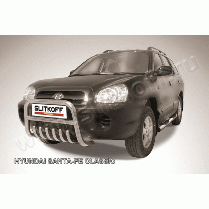 Кенгурятник низкий 57 мм с защитой картера Black Edition для Hyundai Santa Fe Classic 2000-2012