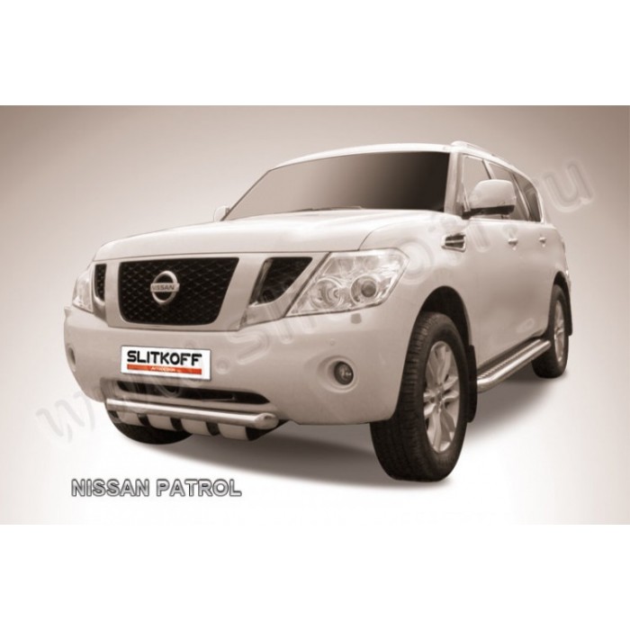 Защита переднего бампера 76 мм с профильной защитой картера Black Edition для Nissan Patrol 2010-2013