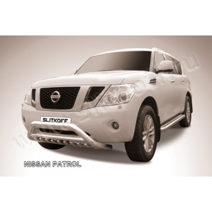 Кенгурятник передний низкий широкий 76 мм с ЗК и перемычкой Black Edition для Nissan Patrol 2010-2013