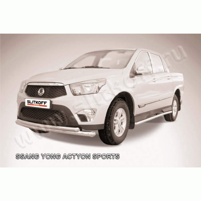 Защита передняя двойная 76-57 мм радиусная Black Edition для SsangYong Actyon Sports 2012-2015