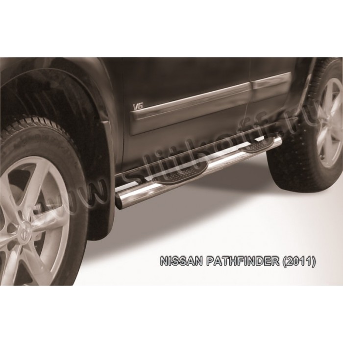 Пороги труба с накладками 76 мм серебристая для Nissan Pathfinder 2010-2014 артикул NIP11003S