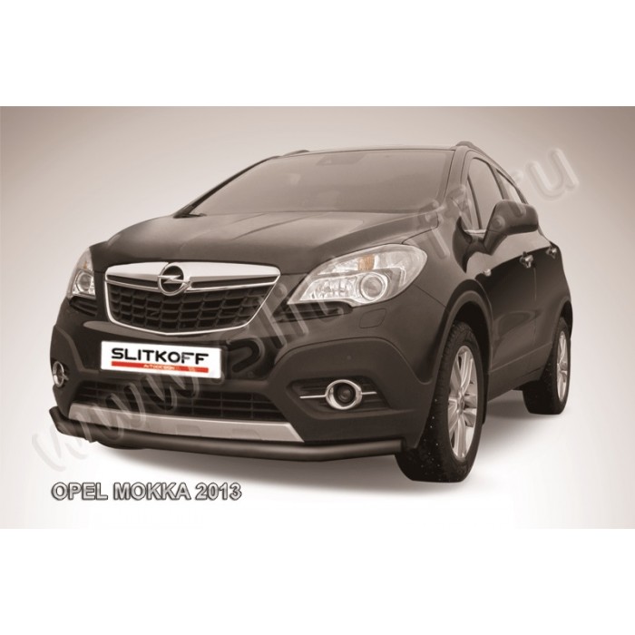 Защита переднего бампера 57 мм длинная чёрная для Opel Mokka 2012-2019 артикул OPMOK13003B