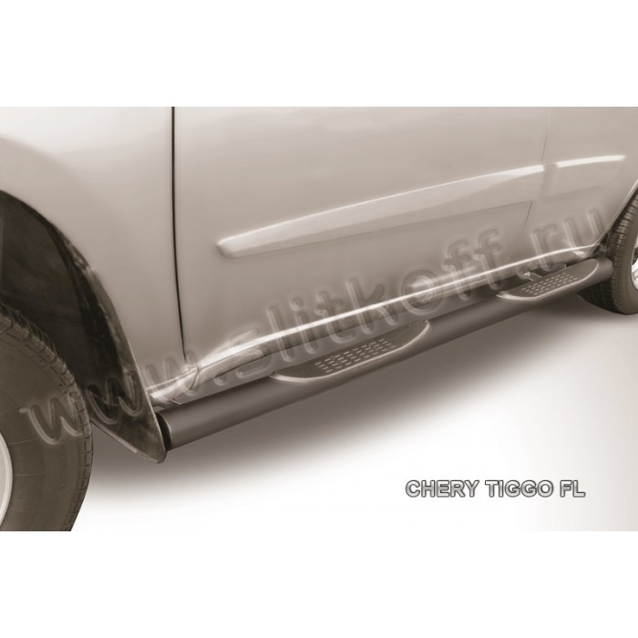Пороги труба с накладками 76 мм чёрная для Chery Tiggo FL 2013-2018 артикул CTFL004B
