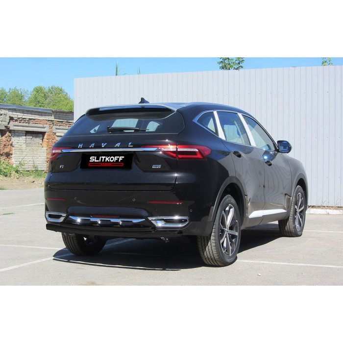 Защита заднего бампера двойная 57-42 мм чёрная для Haval F7 2019-2022 артикул HavF7008B