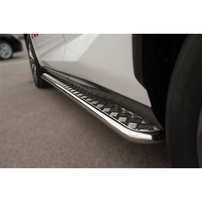 Пороги с площадкой алюминиевый лист 60 мм для Hyundai Santa Fe 2012-2015 артикул HYUNSF12-15