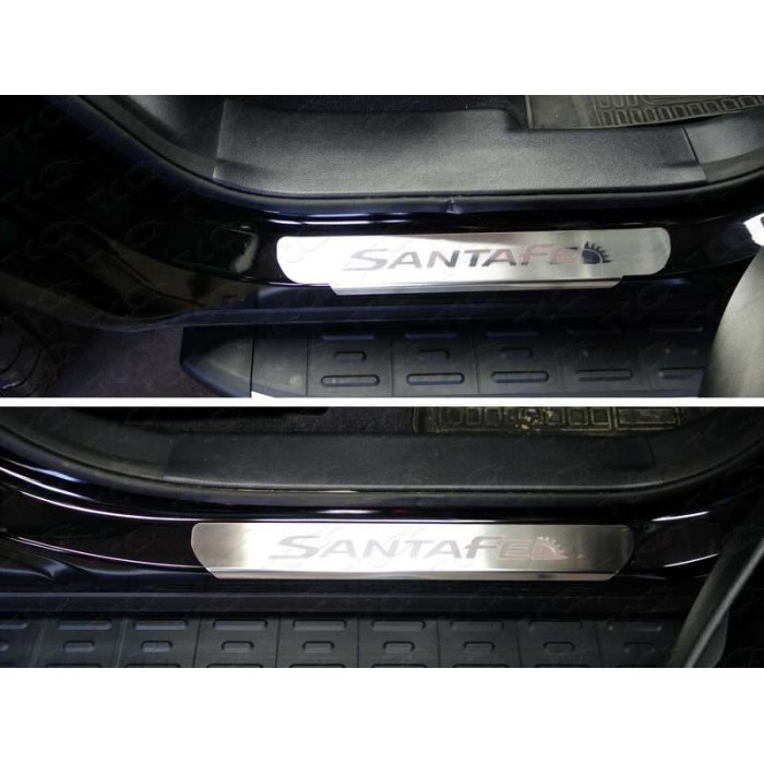 Накладки на пороги лист шлифованный надпись Santa Fe для Hyundai Santa Fe Grand 2016-2018 артикул HYUNSFGR16-29