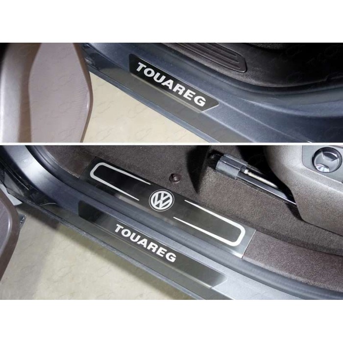 Накладки на пороги внутренние и внешние шлифованные надпись для Volkswagen Touareg R-Line 2014-2017 артикул VWTOUARRL14-26