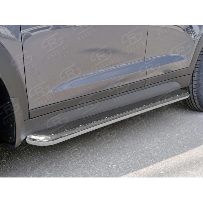Пороги с площадкой нержавеющий лист 60 мм для Hyundai Santa Fe 2012-2015 артикул HYUNSF12-16