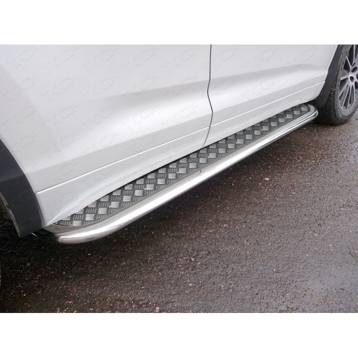 Пороги овал с площадкой алюминиевый лист 75х42 мм для Hyundai Tucson 2015-2018 артикул HYUNTUC15-37
