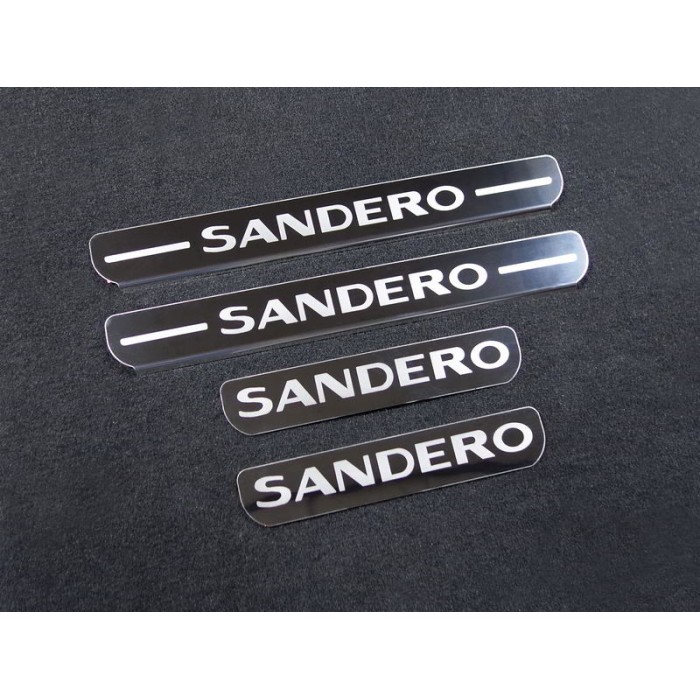 Накладки на пороги зеркальный лист надпись Sandero 4 штуки для Renault Sandero Stepway 2018-2023 артикул RENSANST18-03