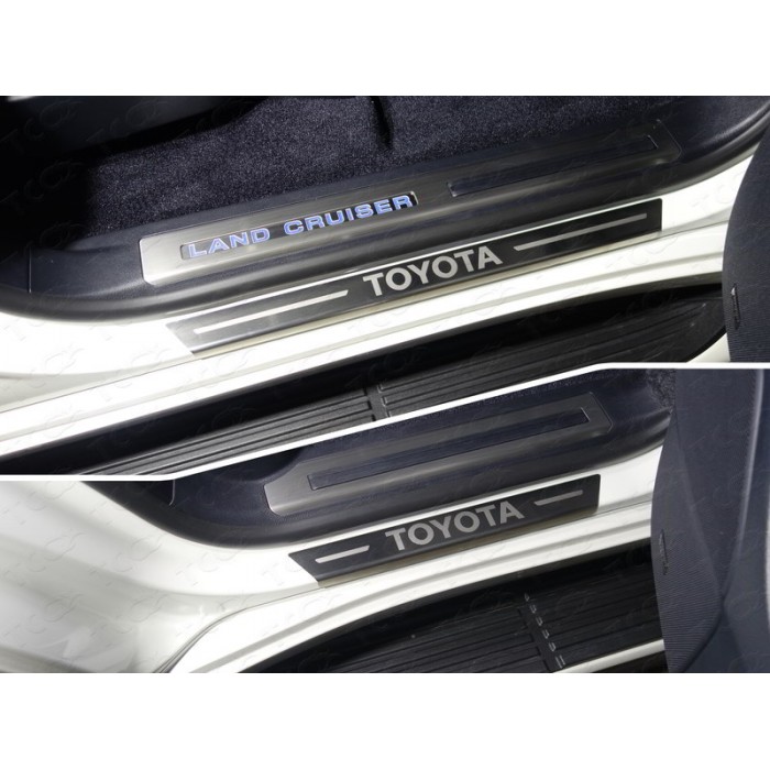Накладки на пороги с гибом лист шлифованный надпись Toyota 4 штуки для Toyota Land Cruiser 200 Excalibur 2017-2021 артикул TOYLC200EXCAL17-12