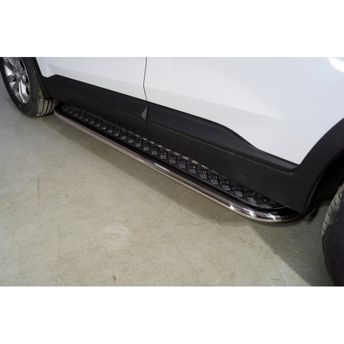 Пороги овал с площадкой алюминиевый лист 75х42 мм для Hyundai Santa Fe 2021-2023