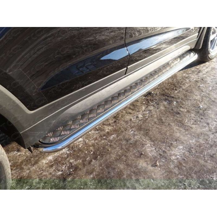 Пороги с площадкой алюминиевый лист 42 мм для Hyundai Tucson 2015-2018 артикул HYUNTUC15-04