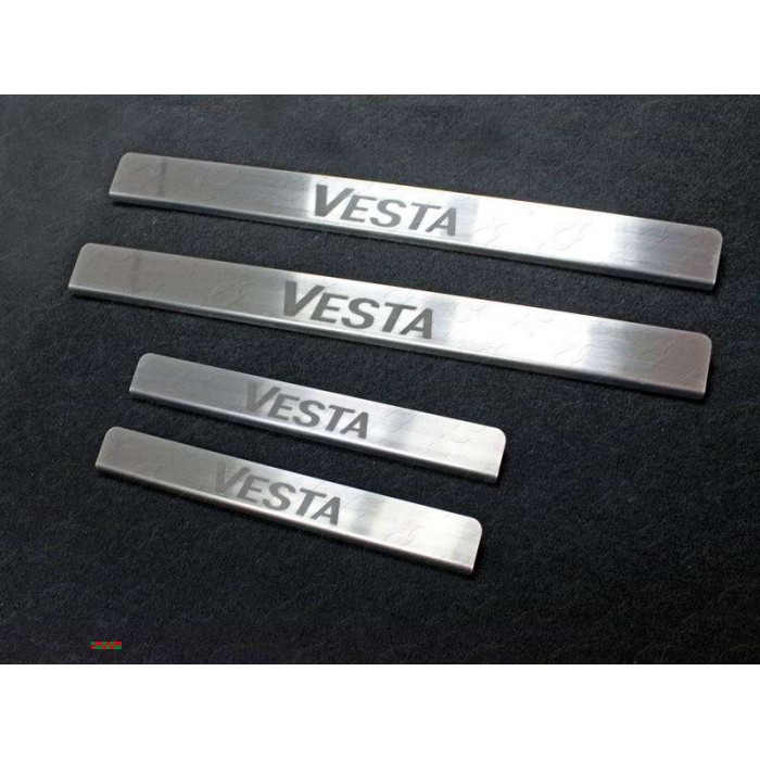 Накладки на пороги шлифованный лист надпись Vesta для Lada Vesta 2015-2023 артикул LADVES15-04
