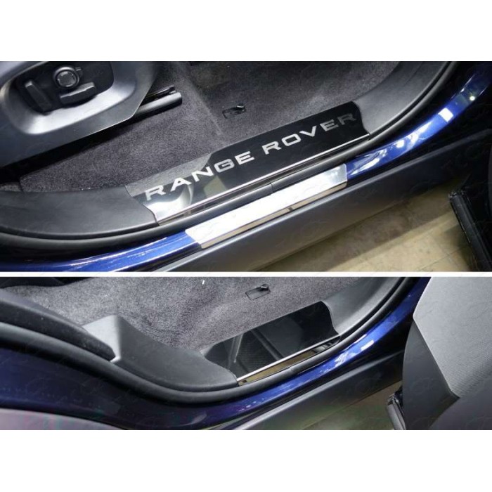 Накладки на пластиковые пороги зеркальный лист надпись Range Rover) для Range Rover Sport 2013-2022 артикул LRRRSP15-03