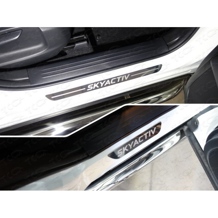 Накладки на пороги зеркальный лист надпись Skyactiv 4 штуки для Mazda CX-5 2018-2023 артикул MAZCX517-07