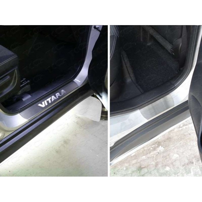Накладки на пороги шлифованный лист надпись Vitara для Suzuki Vitara 2015-2023 артикул SUZVIT15-17