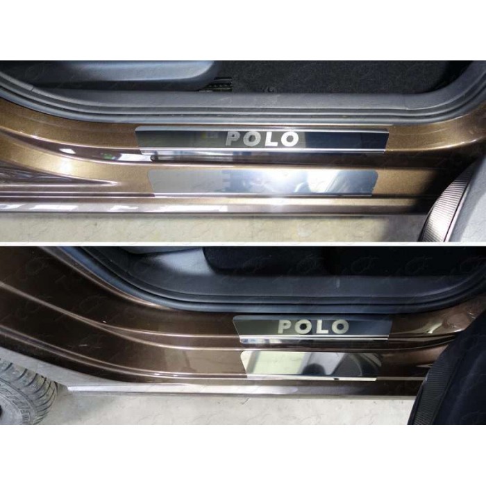 Накладки на пороги внешние и внутренние зеркальный лист надпись Polo 8 шт для Volkswagen Polo 2015-2020 артикул VWPOLO16-19