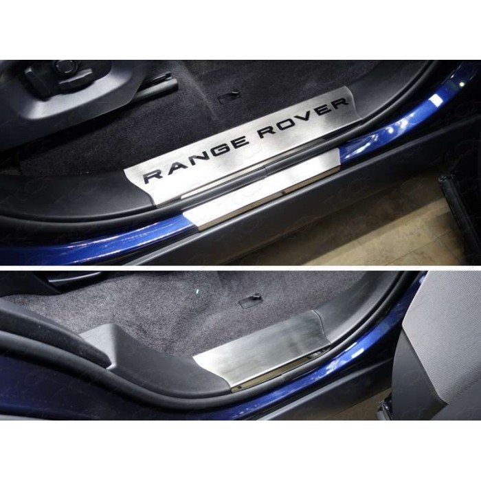 Накладки на пластиковые пороги шлифованный лист надпись Range Rover) для Range Rover Sport 2013-2022 артикул LRRRSP15-04