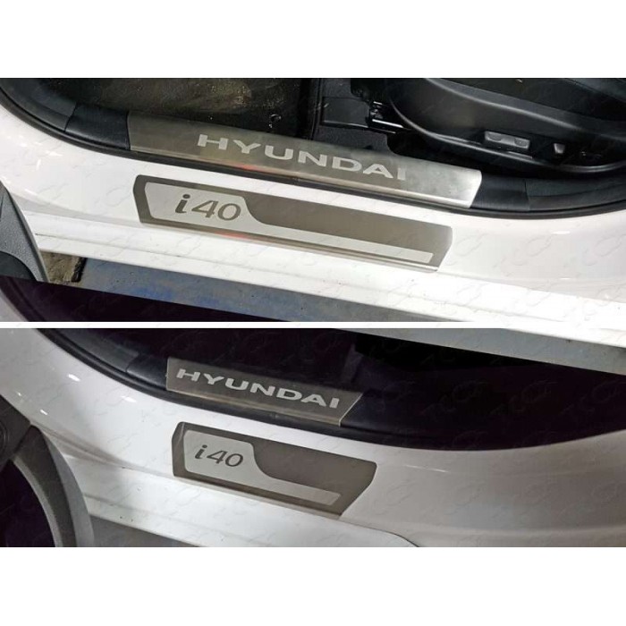 Накладки на пороги внешние и внутренние лист шлифованный надпись для Hyundai i40 2011-2019 артикул HYUNI4016-17