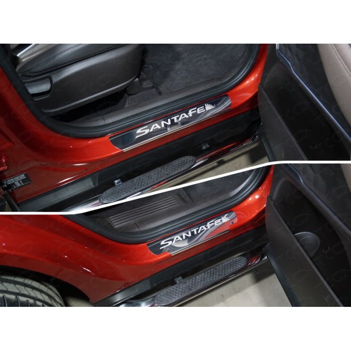 Накладки на пороги зеркальный лист надпись Santa Fe 4 штуки для Hyundai Santa Fe 2018-2020 артикул HYUNSF18-03