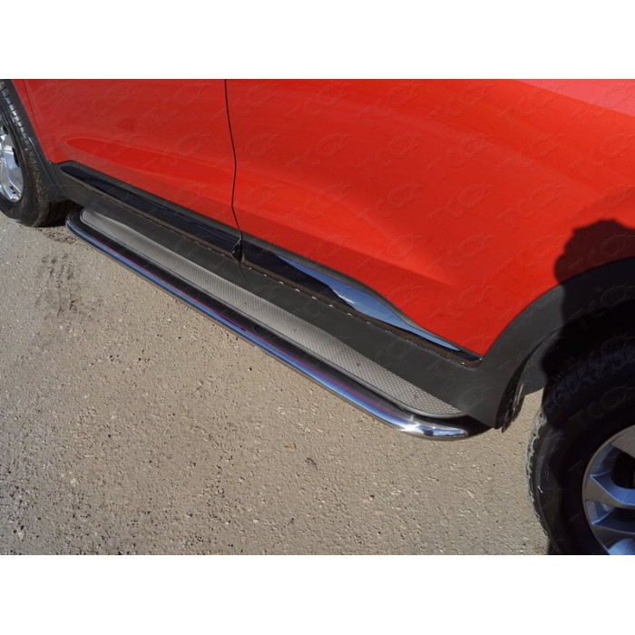 Пороги с площадкой нержавеющий лист 75х42 мм для Hyundai Santa Fe 2018-2020 артикул HYUNSF18-23