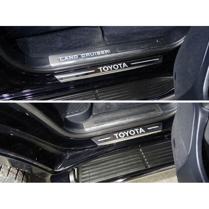 Накладки на пороги с гибом лист зеркальный надпись Toyota 4 штуки для Toyota Land Cruiser 200 2015-2023 артикул TOYLC20015-31