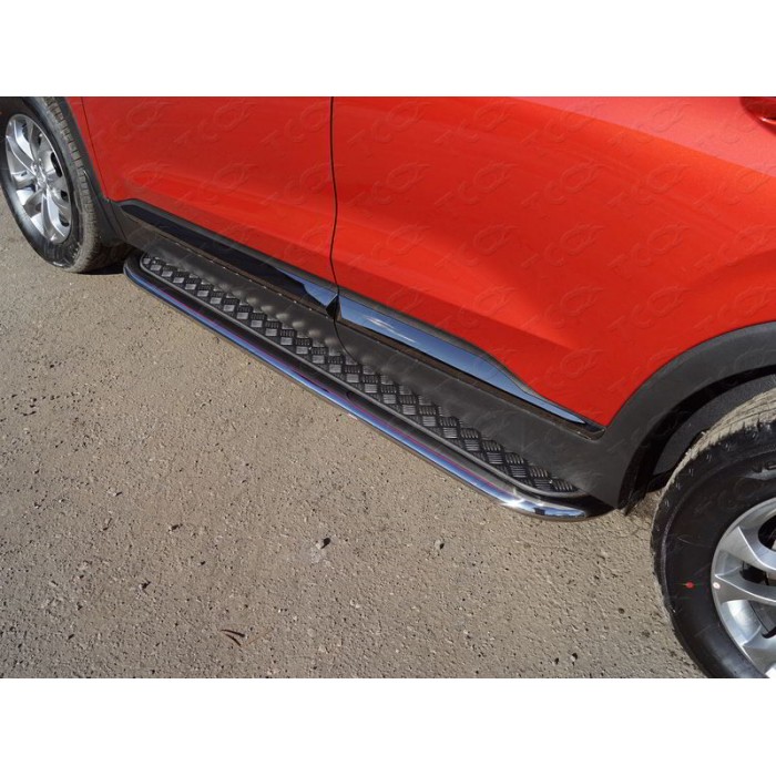 Пороги с площадкой алюминиевый лист 75х42 мм для Hyundai Santa Fe 2018-2020 артикул HYUNSF18-22