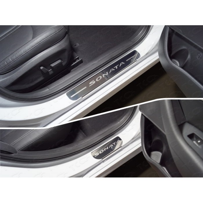 Накладки на пороги зеркальный лист надпись Sonata 4 штуки для Hyundai Sonata 2017-2019 артикул HYUNSON18-04
