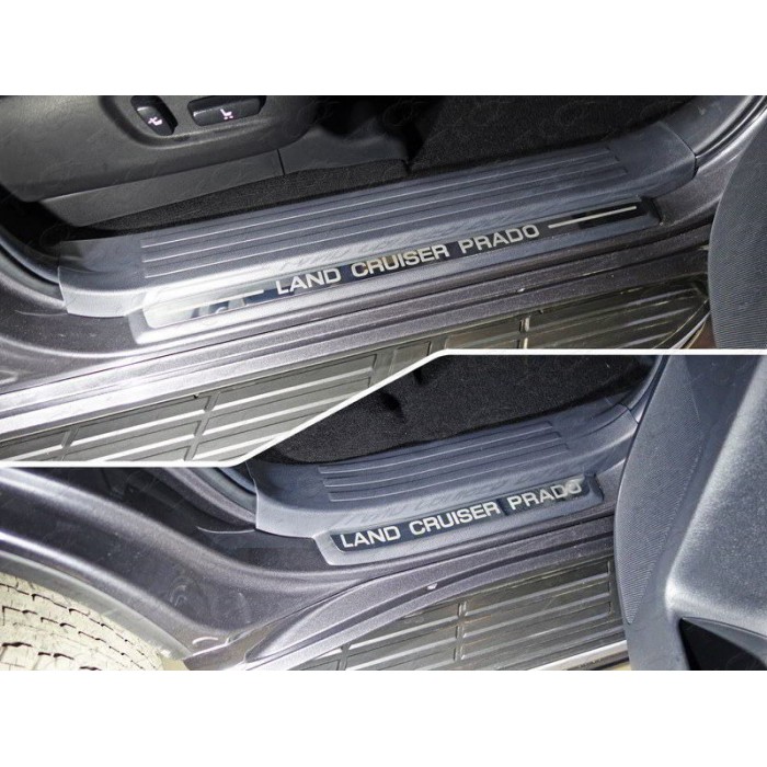Накладки на пластиковые пороги зеркальный лист надпись Land Cruiser Prado 4 штуки для Toyota Land Cruiser Prado 150 2017-2023 артикул TOYLC15017-23