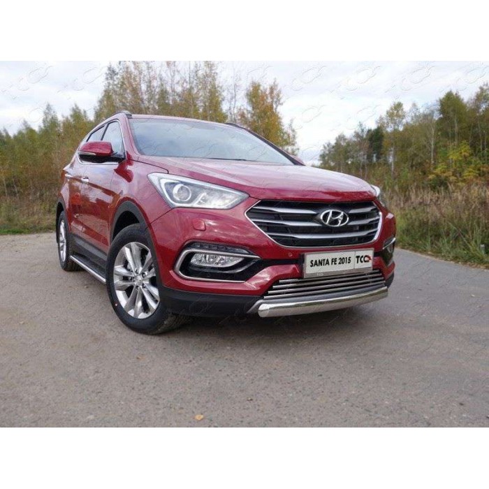 Защита передняя овальная короткая 75х42 мм для Hyundai Santa Fe 2015-2018 артикул HYUNSF4WD15-04