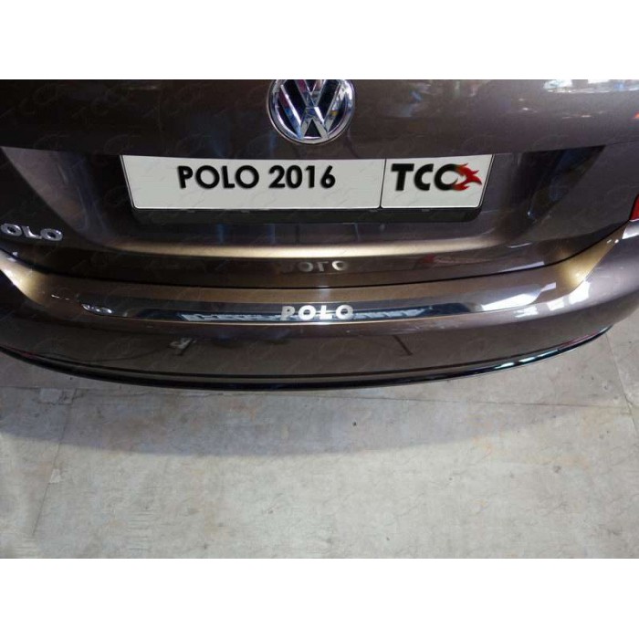 Накладка на задний бампер зеркальный лист надпись Polo для Volkswagen Polo 2015-2020 артикул VWPOLO16-14