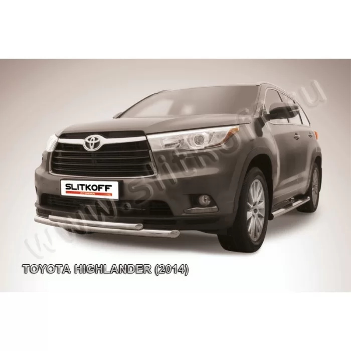 Защита передняя двойная 57-42 мм радиусная серебристая для Toyota Highlander 2014-2016 артикул THI14004S