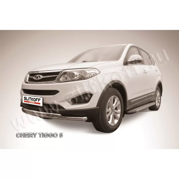 Защита передняя двойная 57-42 мм радиусная серебристая для Chery Tiggo 5 2014-2020 артикул CT5002S