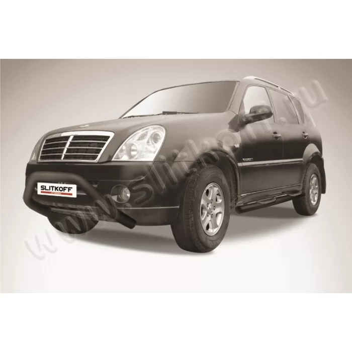 Кенгурятник 76 мм низкий широкий мини чёрный для SsangYong Rexton 2007-2012 артикул SSR005B