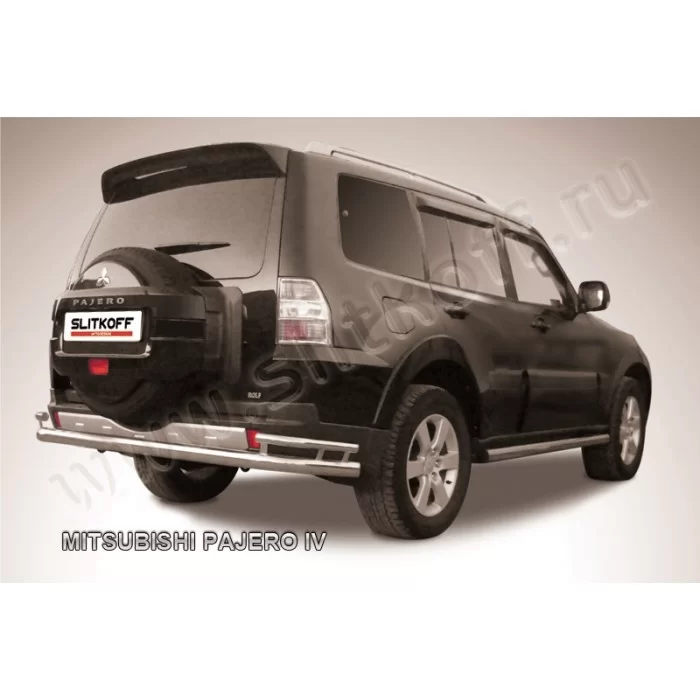 Защита заднего бампера двойная 76-42 мм серебристая для Mitsubishi Pajero 4 2006-2024 артикул MPJ015S