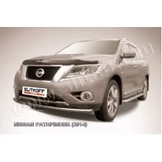 Защита переднего бампера 57 мм радиусная серебристая для Nissan Pathfinder 2014-2020