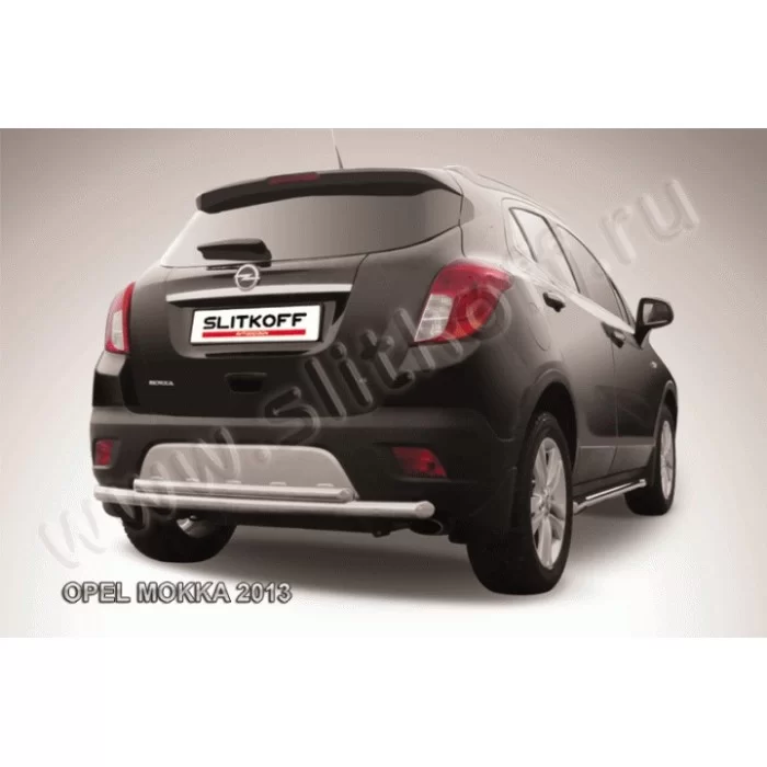 Защита заднего бампера двойная 57-42 мм радиусная серебристая для Opel Mokka 2012-2019 артикул OPMOK13010S