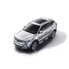 Защита заднего бампера 76 мм с проступями серебристая для Geely Atlas 2018-2022