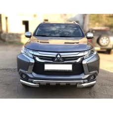 Защита передняя двойная с накладками 76-60 мм для Mitsubishi Pajero Sport 2016-2020