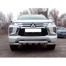 Защита передняя двойная 76-60 мм с накладками для Mitsubishi Pajero Sport 2021-2024