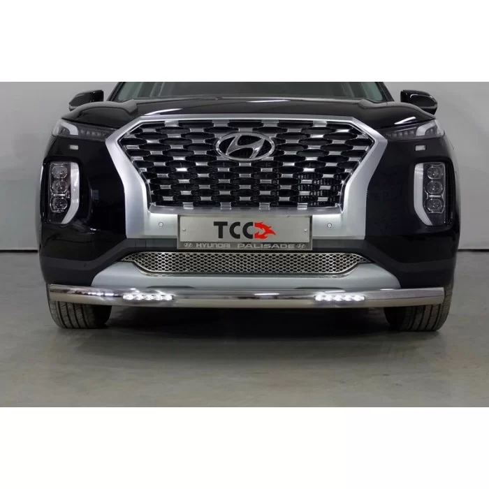 Защита передняя овальная с ДХО 75х42 мм для Hyundai Palisade 2020-2024 артикул HYUNPAL21-04